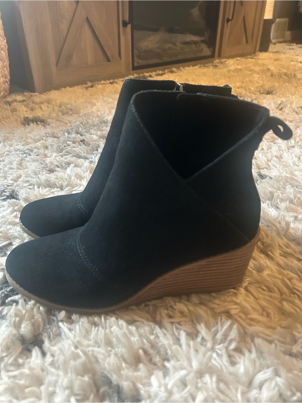 Toms Black Suede Wedge Ankle Booties